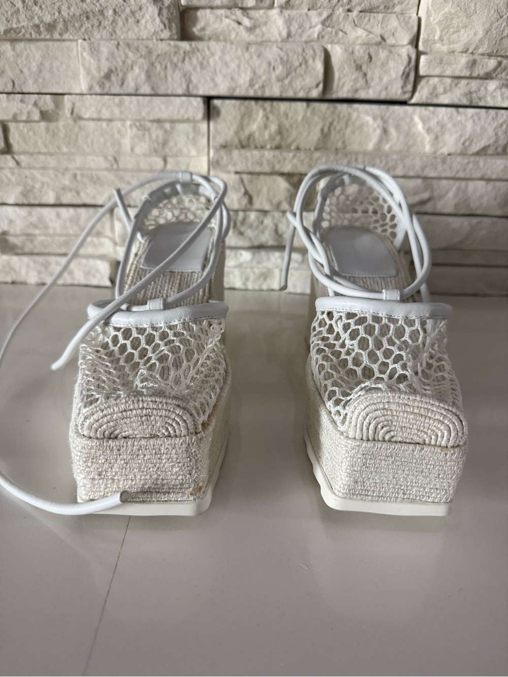Bottega Veneta White Woven Lace-Up Platform Sandals